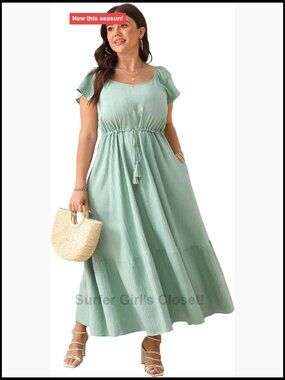 Plus Size Boho Maxi Dress with Pockets - Short Sleeve Ruffle